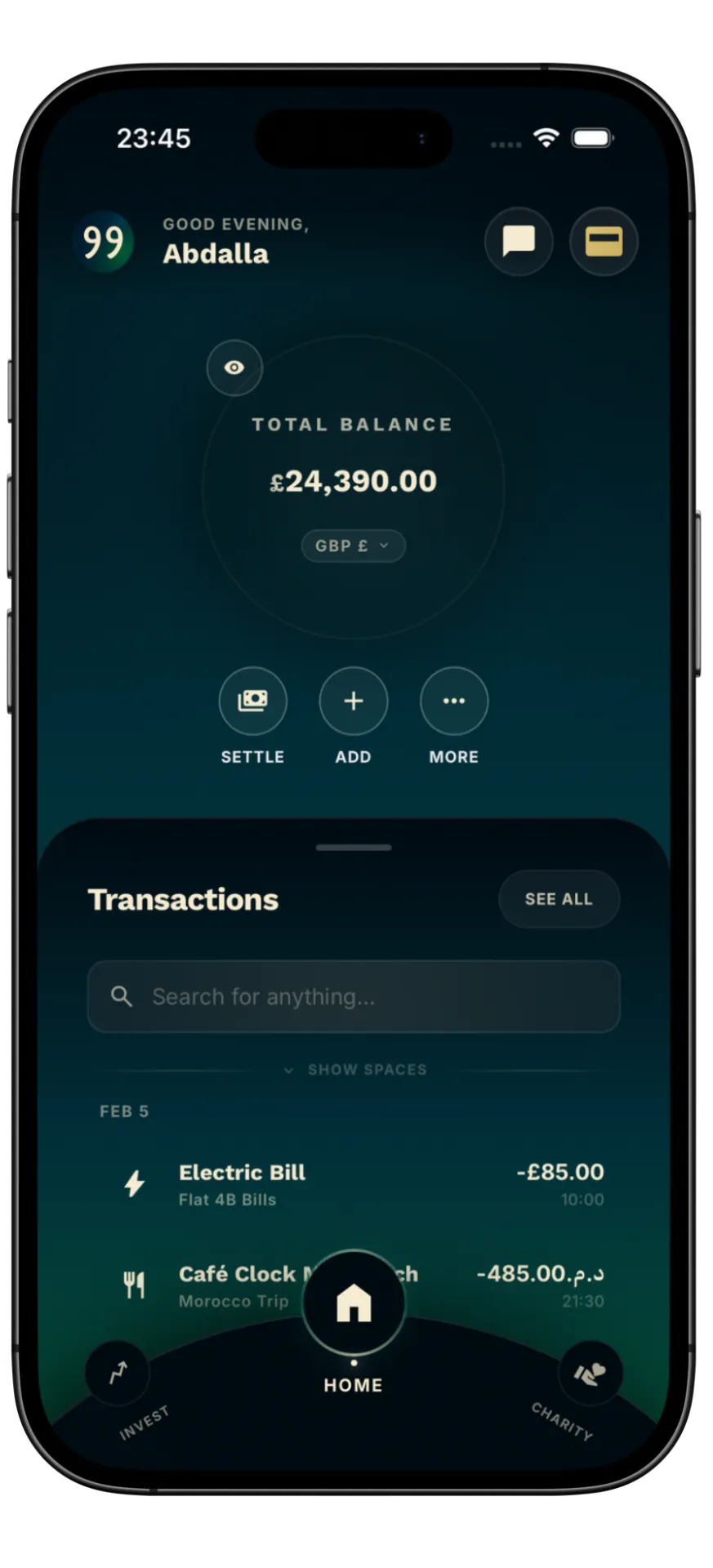 99 App home screen showing balance, transactions, and quick actions